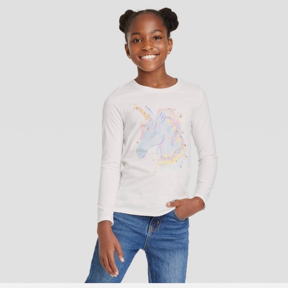 Cat & Jack Unicorn Tee Girls Size 10/12 White Long‎ Sleeve Graphic Shirt NWT